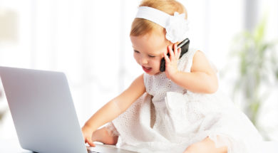 Baby Girl With Computer Laptop,  Mobile Phone