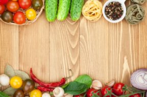 Fresh ingredients for cooking: pasta, tomato, cucumber, mushroom