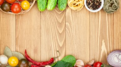 Fresh ingredients for cooking: pasta, tomato, cucumber, mushroom